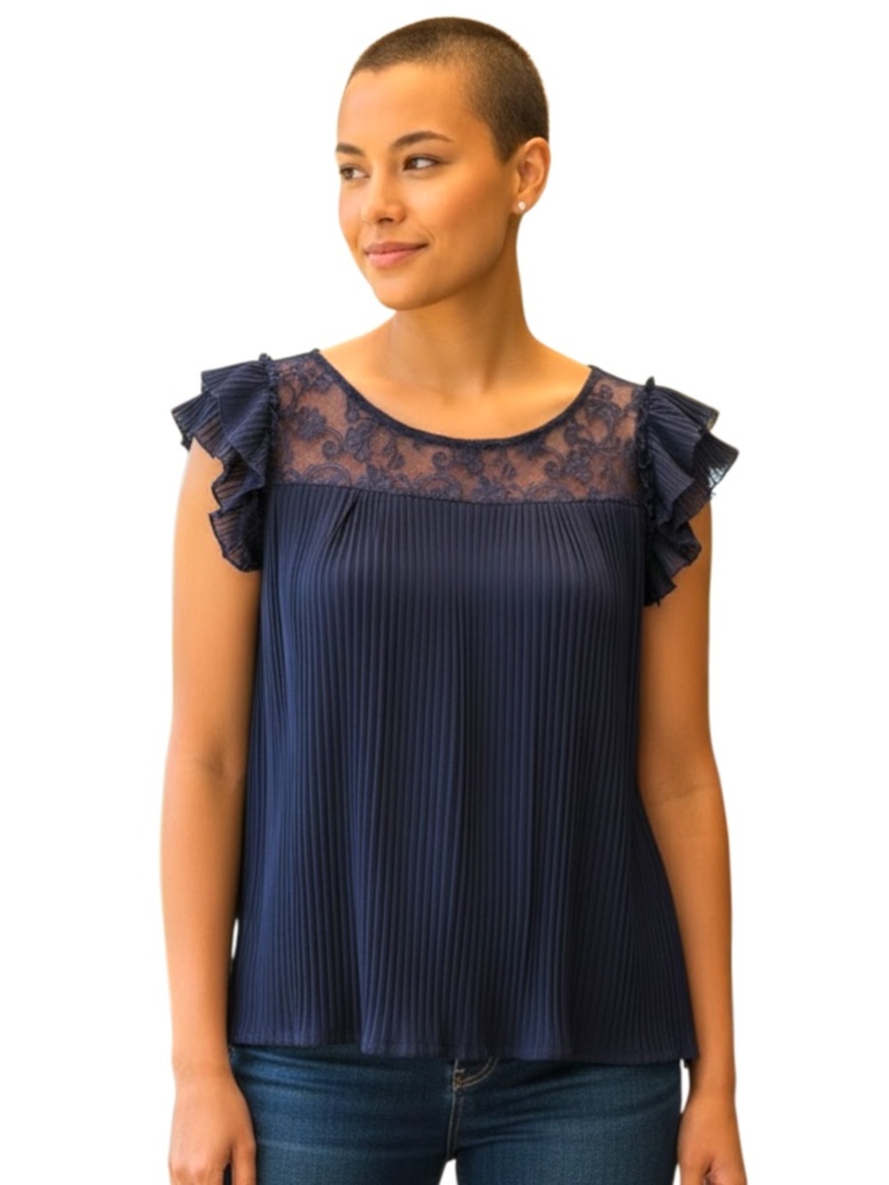 Naivee (Shanghai) Navy Pleated Short Sleeve Lace/Crepe Ruffle Sleeve Top (M/L)